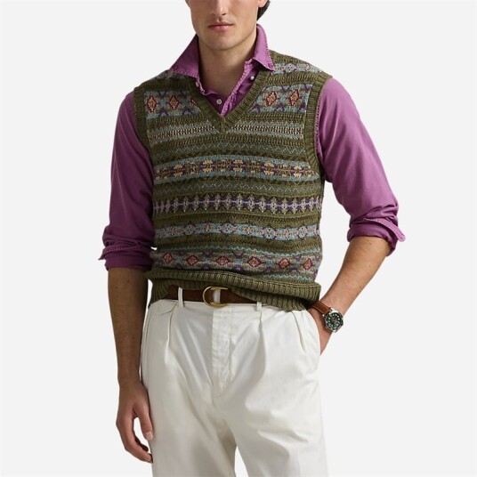Fair Isle Linen-Blend Sweater Vest Olive Combo