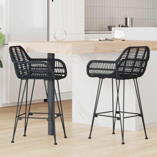 Barstol 2 pcs Svart 55 x 52 x 92 cm Rattan og Jern Barstol 2 pcs Svart 55 x 52 x 92 cm Rattan og Jern