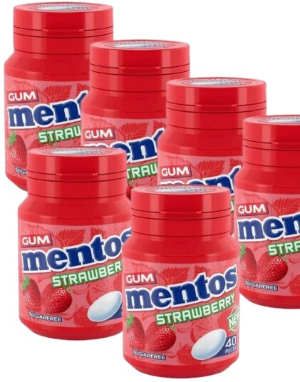6 stk Mentos Gum Strawberry Sugarfree   Sukkerfri Tyggegummi med Jorbær Smak 56 gram   Hel Eske
