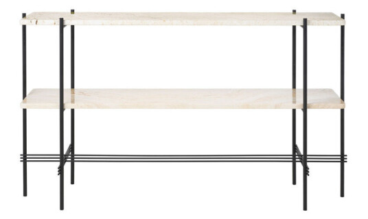Gubi TS Console 2 konsollbord natural white travertine, sort stativ, 2 marmorhyller