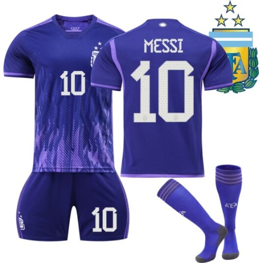 VM-vinner Argentina Borte Fotballdrakt Barn 3 Stjerner Nr. 10 Messi 22