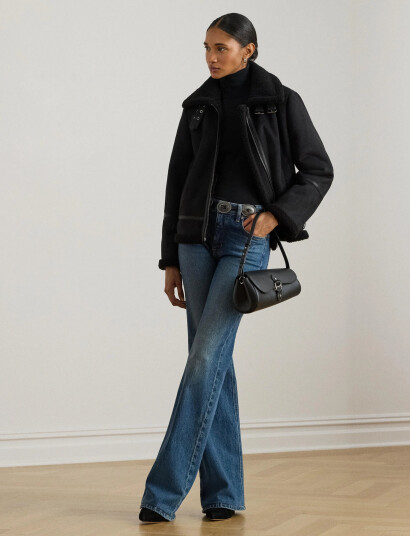 Lauren Ralph Lauren Buckle Trim Faux Suede Jacket   Black   M