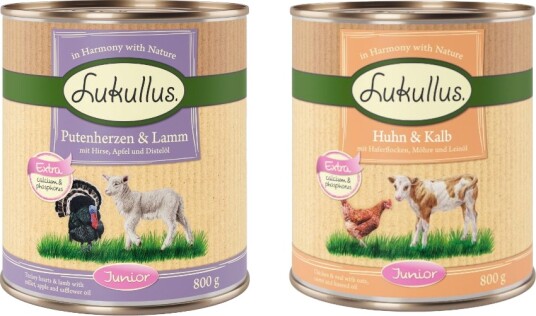 Lukullus Junior Våtfôr Blandet Pakke Kylling/Kalv/Kalkunhjerte/Lam 24x800g
