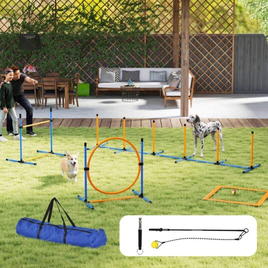 Dog Agility Sett 9 deler Agility utstyr for hundetrening Hekkesett med Slalåm Staver Hoop Hoop 2 Baller Høydejusterbar Hekk Koor