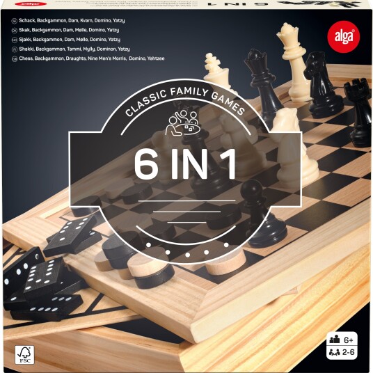 Alga 6-i-1 Familie Spill: Mølle, Dam, Backgammon, Yatzy, Sjakk, Domino