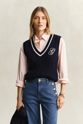 GANT Contrast Cotton Cable V Neck Vest   Navy   XL