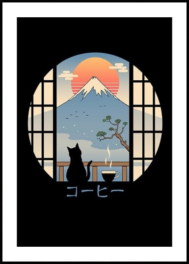 Coffee Cat In Mt. Fuji Plakat Plakat / 40x50cm