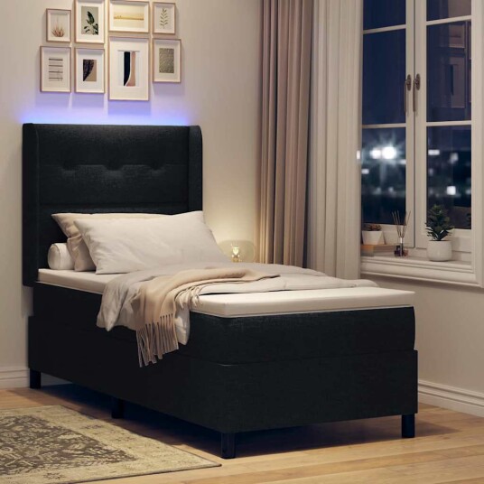 Box Spring Seng med Madrass & LED Svart 90x200 cm Stoff 3343485