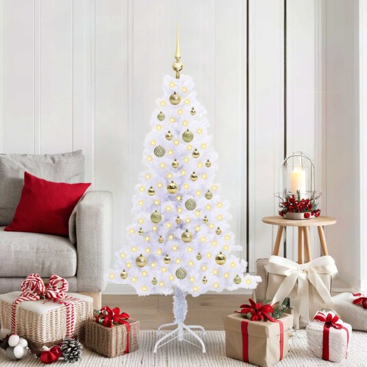 Kunstig juletre med 150 LED med stativ Hvit 150 cm PVC og Stål Kunstig juletre med 150 LED med stativ Hvit 150 cm PVC og Stål