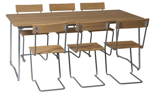 Grythyttan Stålmöbler B31 spisegruppe Oljert eik/galvanisert stål 6 stoler & bord 170 x 92 cm