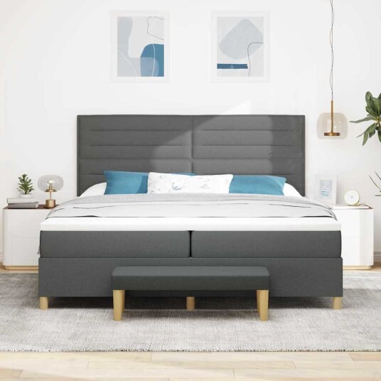 Bokspring Seng med Madrass & Benk Mørk Grå 200x200 cm Stoff