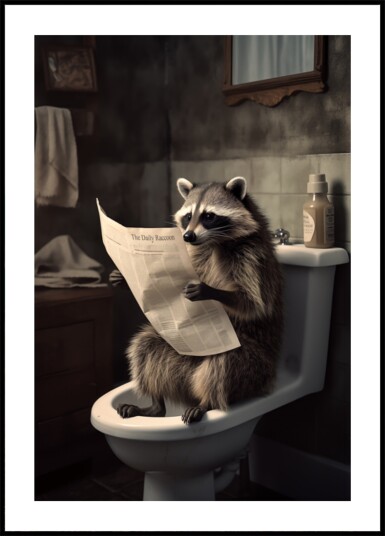 Funny Raccoon Reading Newspaper Plakat / 50x70