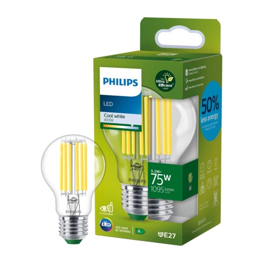 Philips LED-PÆRE E27 5,2W 4000K KLART GLASS