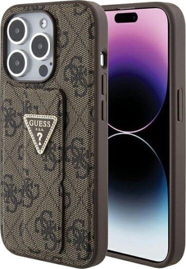 GUESS Grip Stand 4G Triangle Strass Etui til iPhone 15 Pro - Brun