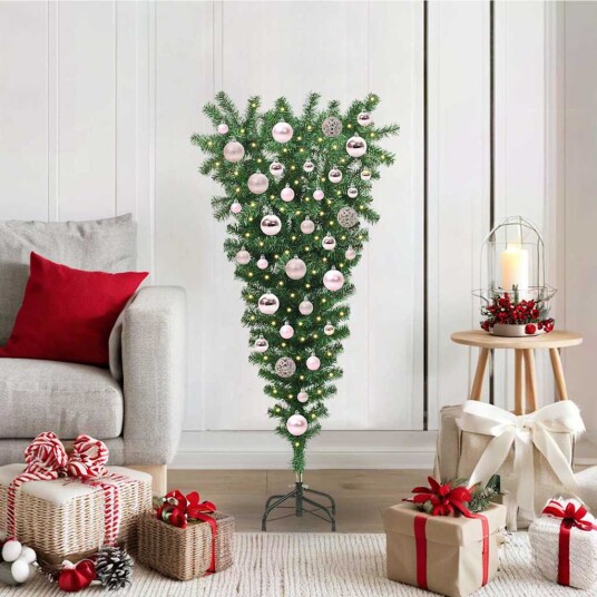  Opp ned kunstig forlykt juletre med kule sett grønn 120 cm PVC