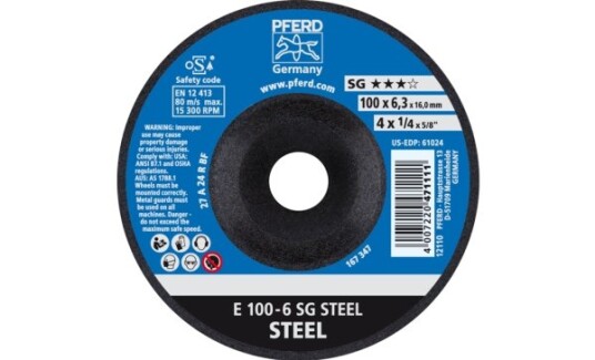 Pferd Slipeskive E 100 6 SG StÄl/16,0 100x6.3mm 15300 rpm 10 stk Pferd Slipeskive E 100 6 SG StÄl/16,0 100x6.3mm 15300 rpm 10 stk