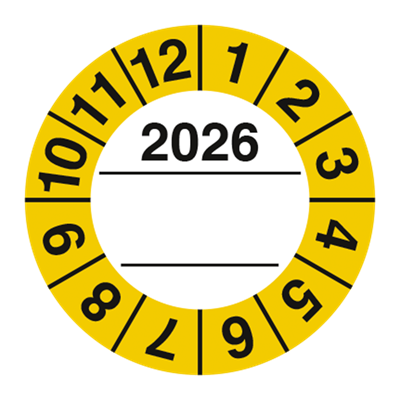 Jo Safety Kontrollmerker 2026 m/ tekstfelt Ø 42 mm Ark á 10 stk selvklebende vinyl 402111Y26