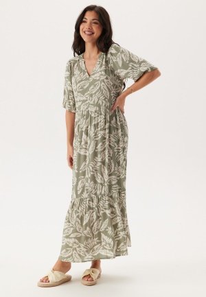 Happy Holly Puff Sleeve Viscose Dress Khaki green/Patterned 32/34