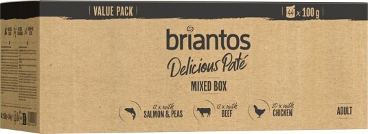 Briantos Våtfôr Delicious Paté Sparepakke Blandet Pakke & Laks Delicious Paté Kylling Okse 44X100 G