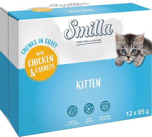 Smilla våtfôr Kitten porsjonsposer biter i saus med grønnsaker og gulrøtter Kylling 12 x 85 g