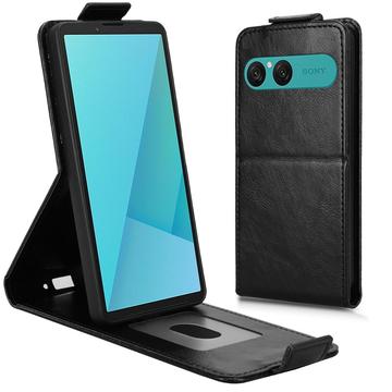 Sony Xperia 10 VII vertikalt flip etui med stativ Svart