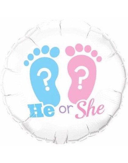 He or She Rund Hvit Folieballong med Føtter ca 46 cm Gender Reveal