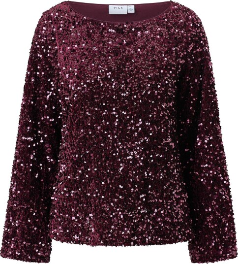 Vila   Topp viFaith Boat Neck L/S Sequin   Rød