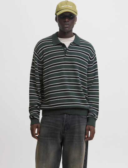 Jack & Jones Jorargos Knit Stripe Polo Styd Aw25 - Green - M Jack & Jones Jorargos Knit Stripe Polo Styd Aw25 - Green - M