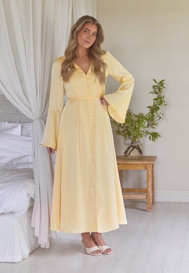 Bianca Gonzalez X Flounce Sleeve Satin Maxi Dress Bianca Gonzalez X Flounce Sleeve Satin Maxi Dress