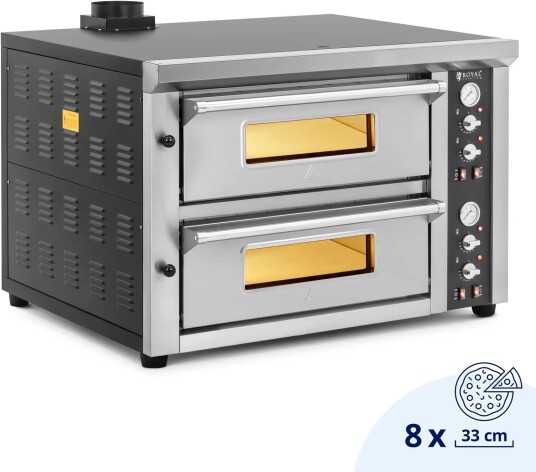 Elektrisk pizzaovn - 4+4 x 33 cm - 2 kammer - 8400 W - 400 V - ildleirestein - Royal Catering RCPO-1009-N