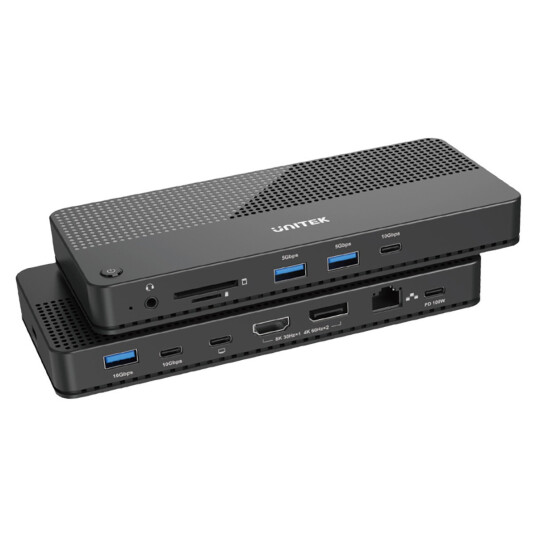 Unitek D1079A 12 i 1 dokkingstasjon for laptop 100W HDMI 2.1 DisplayPort 1.4 USB A SD MicroSD 3.5 mm minijack