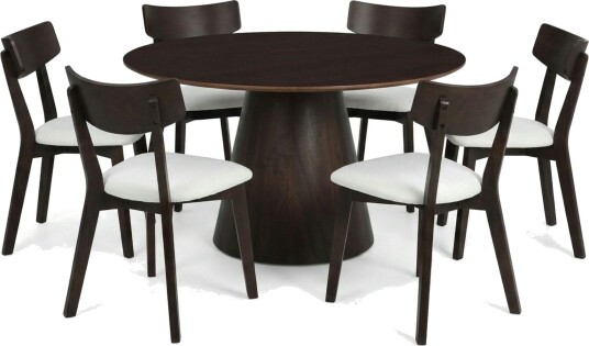 Siena spisegruppe 130 cm rund i røkt eik med 6 Amelia spisestoler med pute Røkt eik/Beige