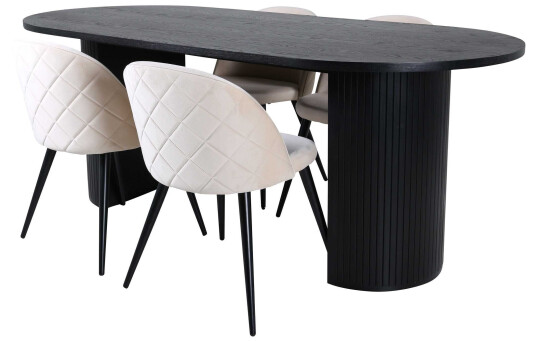 Venture Design Bianca & Velvet spisegruppe Beige/svart 4 stoler & bord 200 x 90 cm