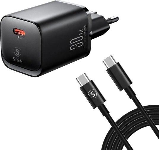 SiGN 20W USB-C hurtiglader for Samsung S20–S23 + kabel 2m Svart