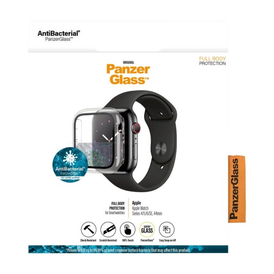 PanzerGlass 44mm Full Body Beskyttelse til Apple Watch med Svart Ramme - Gjennomsiktig
