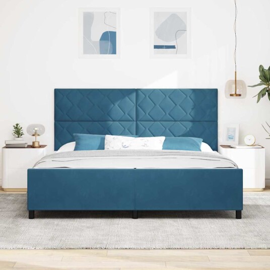Boksfjær Seng med hodegjerde Mørkeblå 200 x 200 cm Fløyel