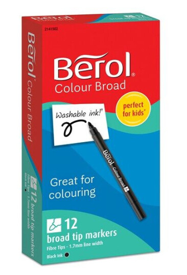 Berol filtspiss fargetusjer, bred spiss (1,2mm), vaskbar, sort, eske med 12 stk. Berol filtspiss fargetusjer, bred spiss (1,2mm), vaskbar, sort, eske med 12 stk.