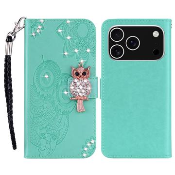 iPhone 17 Pro Max Ugle Rhinestone Lommebok deksel med rhinestone   Cyan