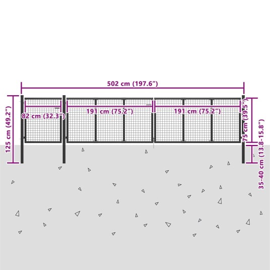 vidaXL Hageport stål 500x75 cm antrasitt