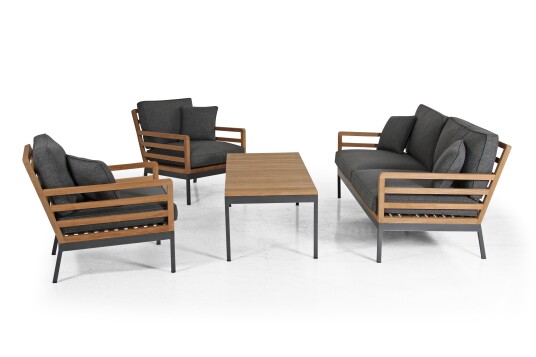 Brafab Zalongo sofagruppe Teak med grå pute 3-seter sofa, 2st lenestoler & bord
