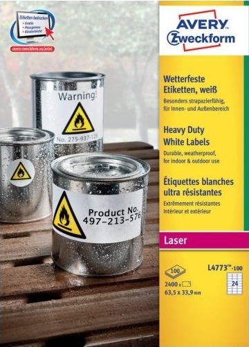 Avery L4773 100 Hvit Avrundet Rektangel Permanent 63.5 X 33.9 Mm A4 Polyester