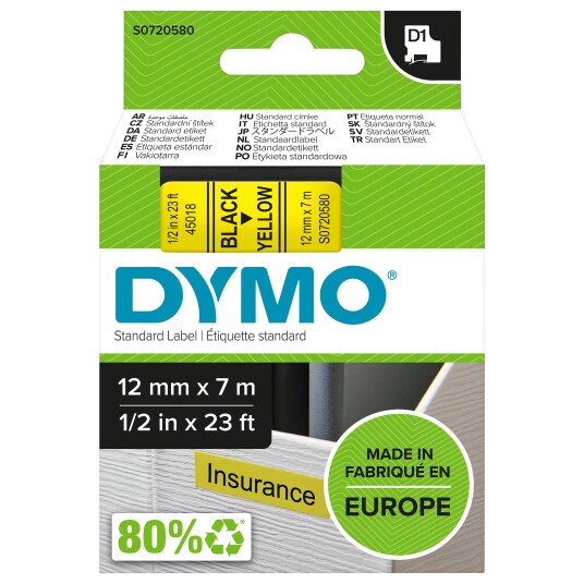 Dymo D1 Merkebånd 12mm x 7m Svart på Gul for Håndverktøy