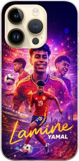 Kompatibelt Mobildeksel til Apple iPhone 14 Pro Lamine Yamal fotballplakat i spansk landslagstrøye med fartfylt action, fargerik sportillustrasjon fo