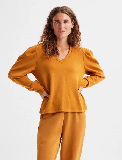 Selected Slflora Ls V Neck Sweat Top B Orange XS