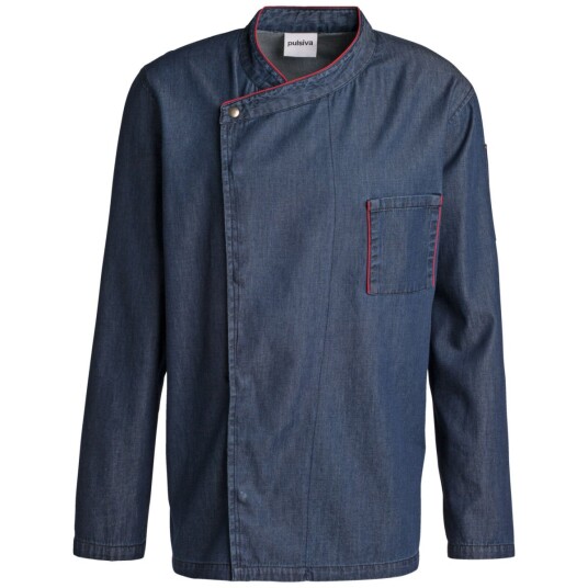 PULSIVA Kokkejakke Jason lang arm; Størrelse 64; Denim passpoal Rød