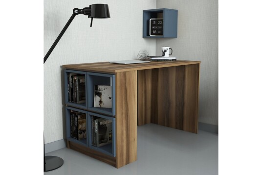 Skrivebord Amtorp 120 cm med Oppbevaring Hylle + Vegghylle Brun/Blå