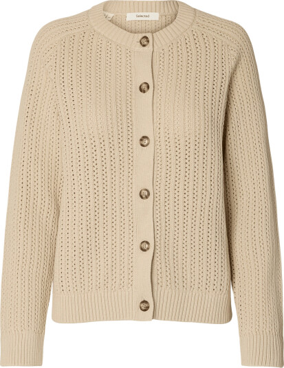 Selected Slwolga Ls Knit Struc O Neck Cardigan Cream M