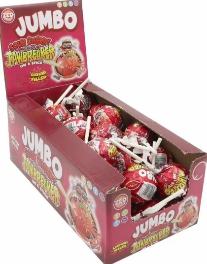 40 stk Zed Jumbo Sour Cherry   Jawbreaker Kjærlighet på Pinne   Hel Eske