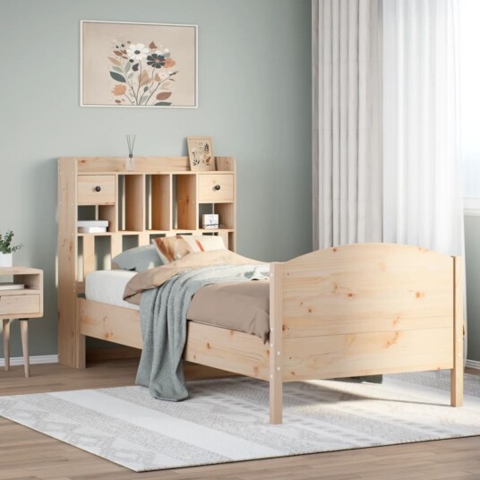 Seng med bokhylle uten madrass 90x200 cm heltre furu 8721158619488