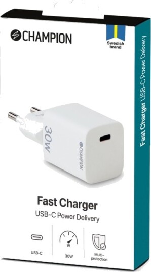 Champion USB-C PD Lader 30W Hvit med Hurtiglading